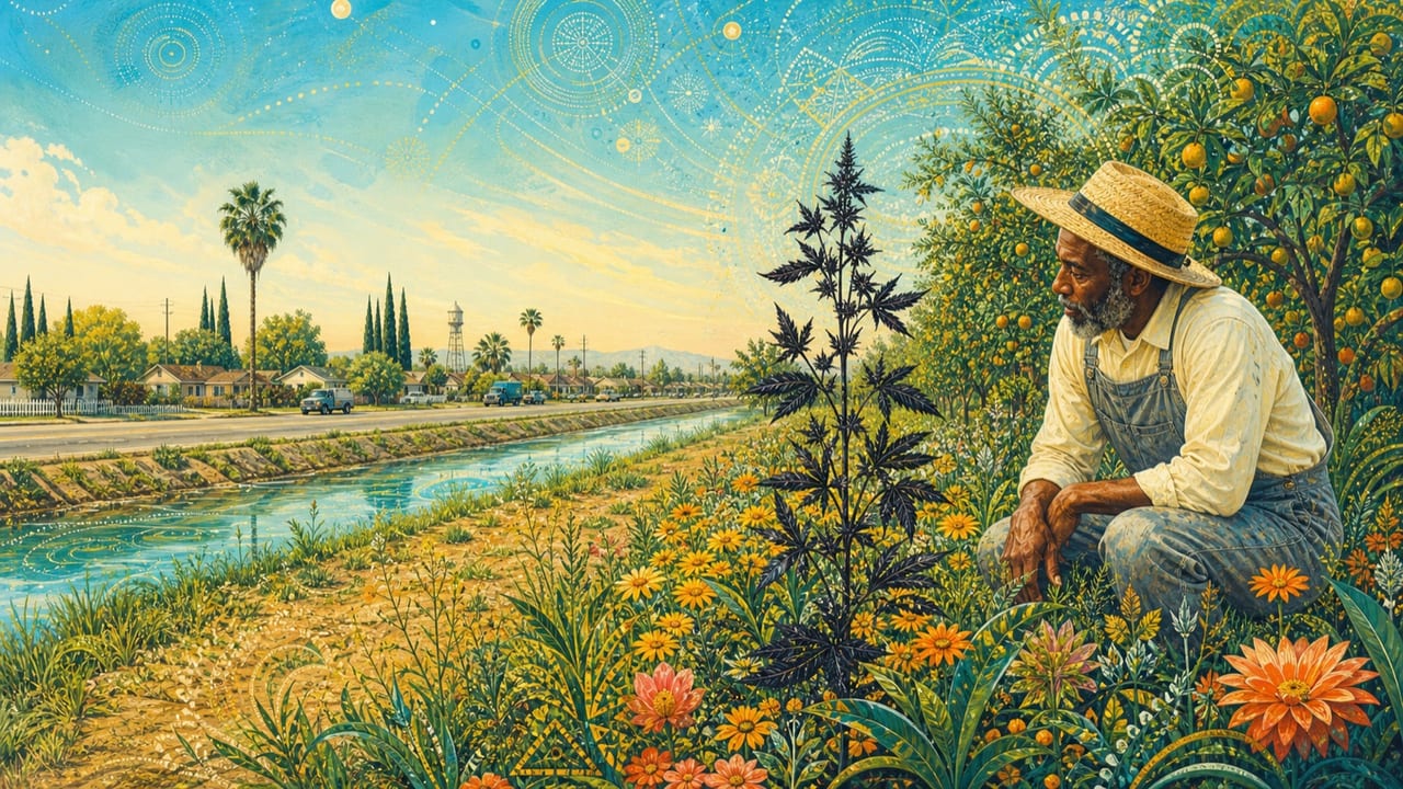 There's a Black Weed Growin' — An adult gardener studies one dramatic black weed rising among brilliant wildflowers beside a turquoise Central Valley canal