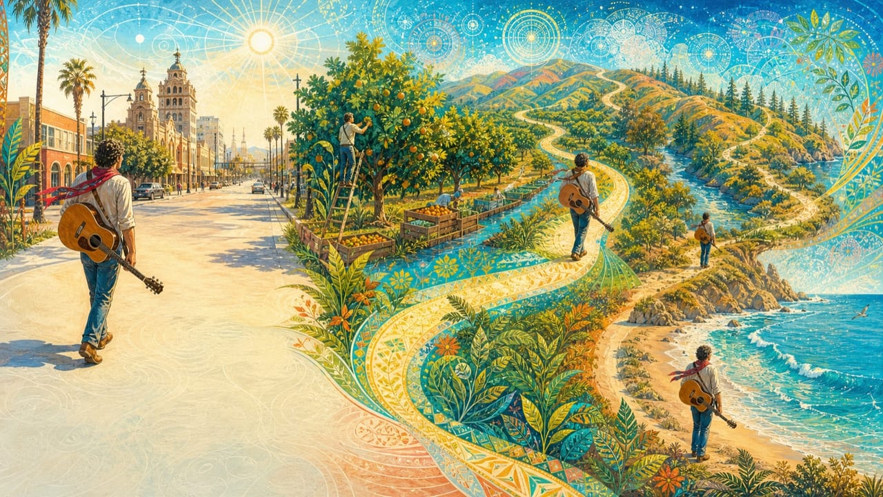 Wherever I Go — An adult rambling musician follows one continuous bright path from Merced streets through orchards and Sierra foothills to the Pacific