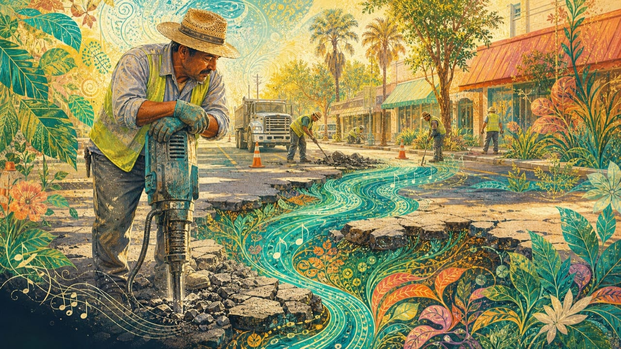 Jackhammer Blues — An adult road worker pauses over a jackhammer on a bright Merced street as broken asphalt opens into turquoise musical river patterns