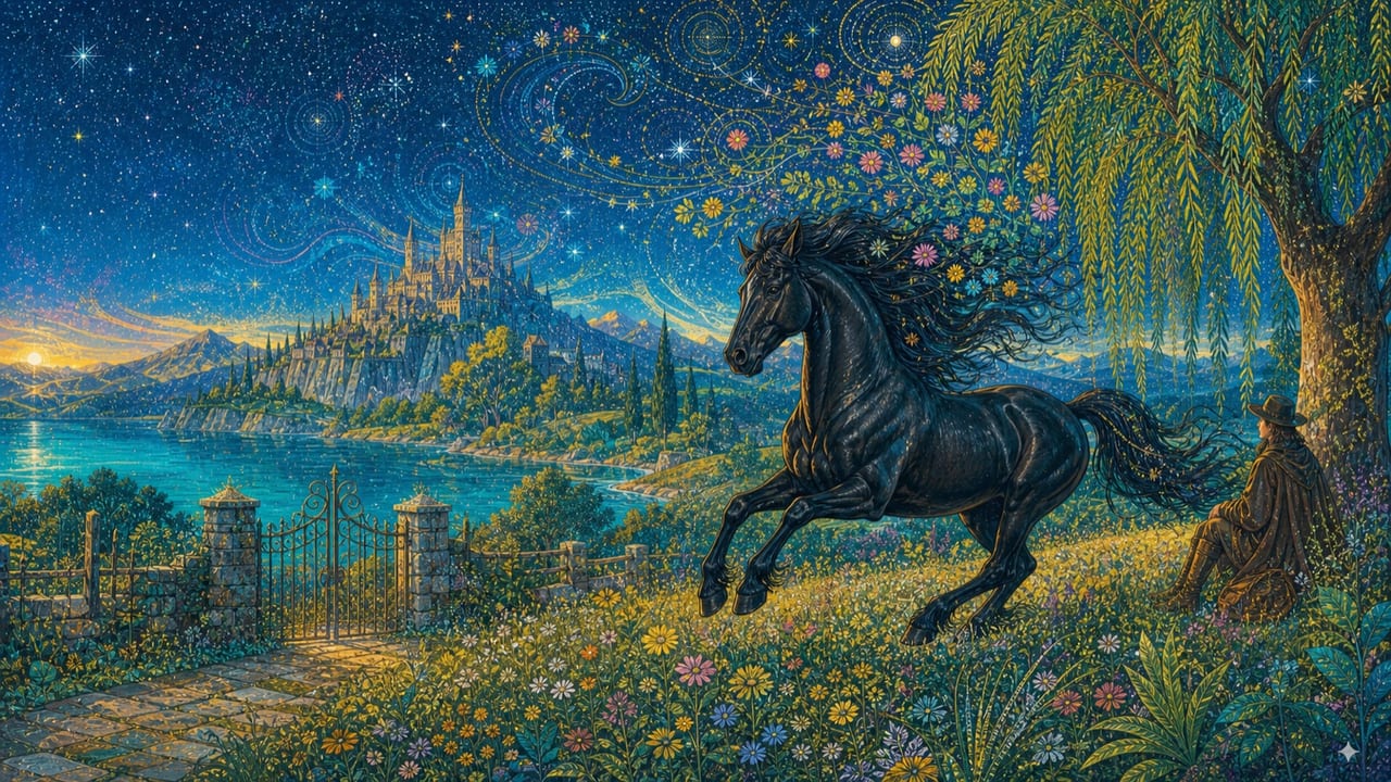 A magnificent black stallion runs freely through a wildflower meadow beside a lake, old gate and distant mountain castle A magnificent black stallion runs freely through a wildflower meadow beside a lake, old gate and distant mountain castle