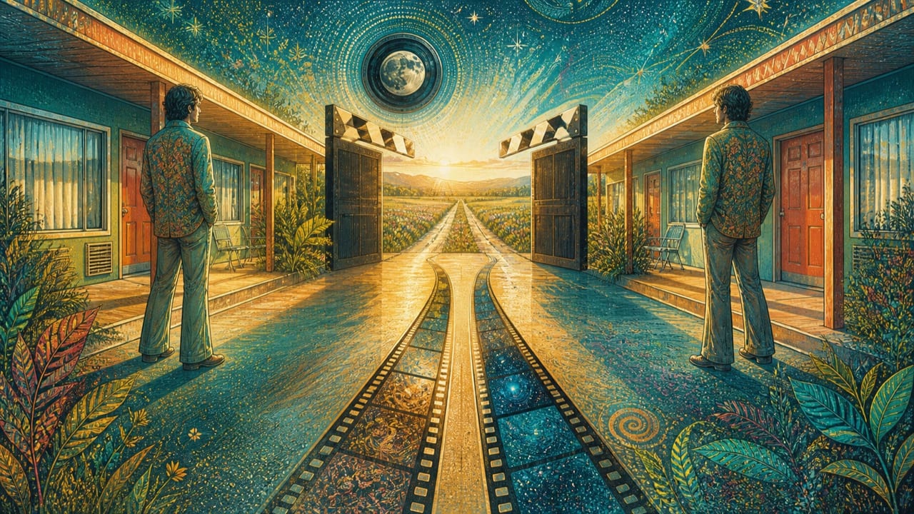 Two adult mirror-image figures face opposite motel corridors while divided film strips become a highway toward a brilliant Central Valley horizon Two adult mirror-image figures face opposite motel corridors while divided film strips become a highway toward a brilliant Central Valley horizon