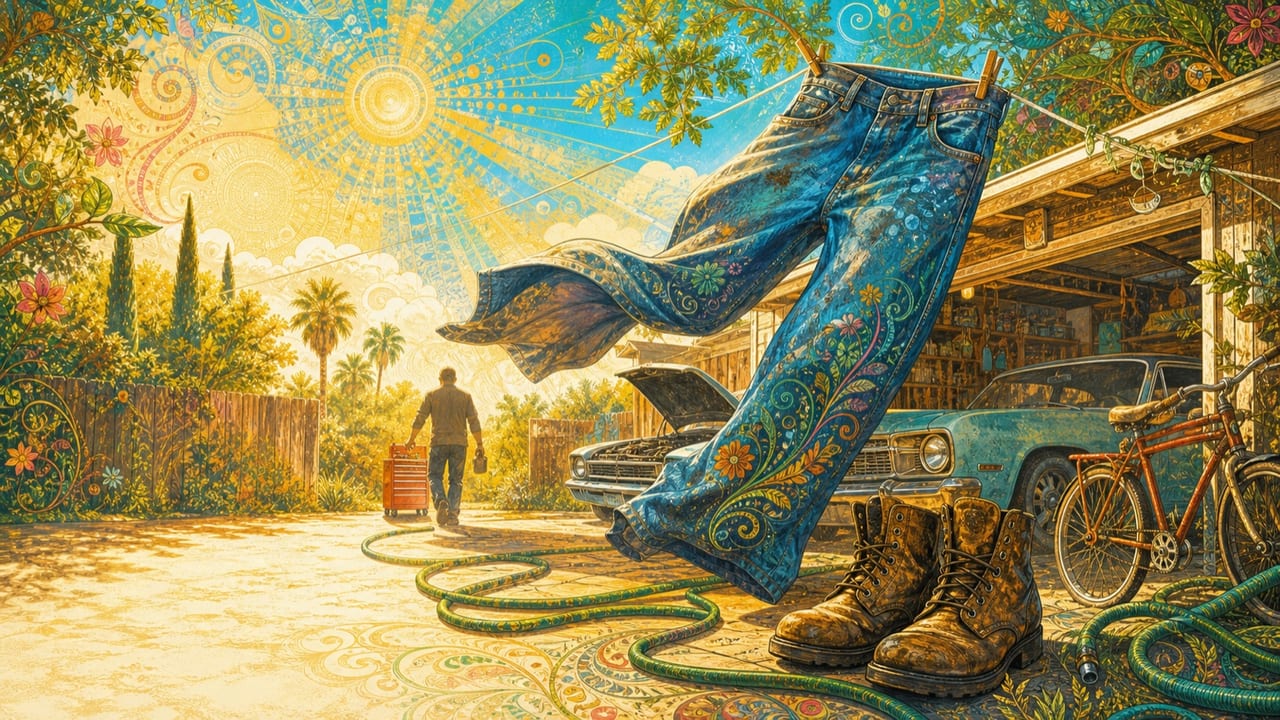 Big Boy Pants — A humorous sunlit illustrated Merced backyard with enormous work jeans on a clothesline, boots, tools and a vintage car